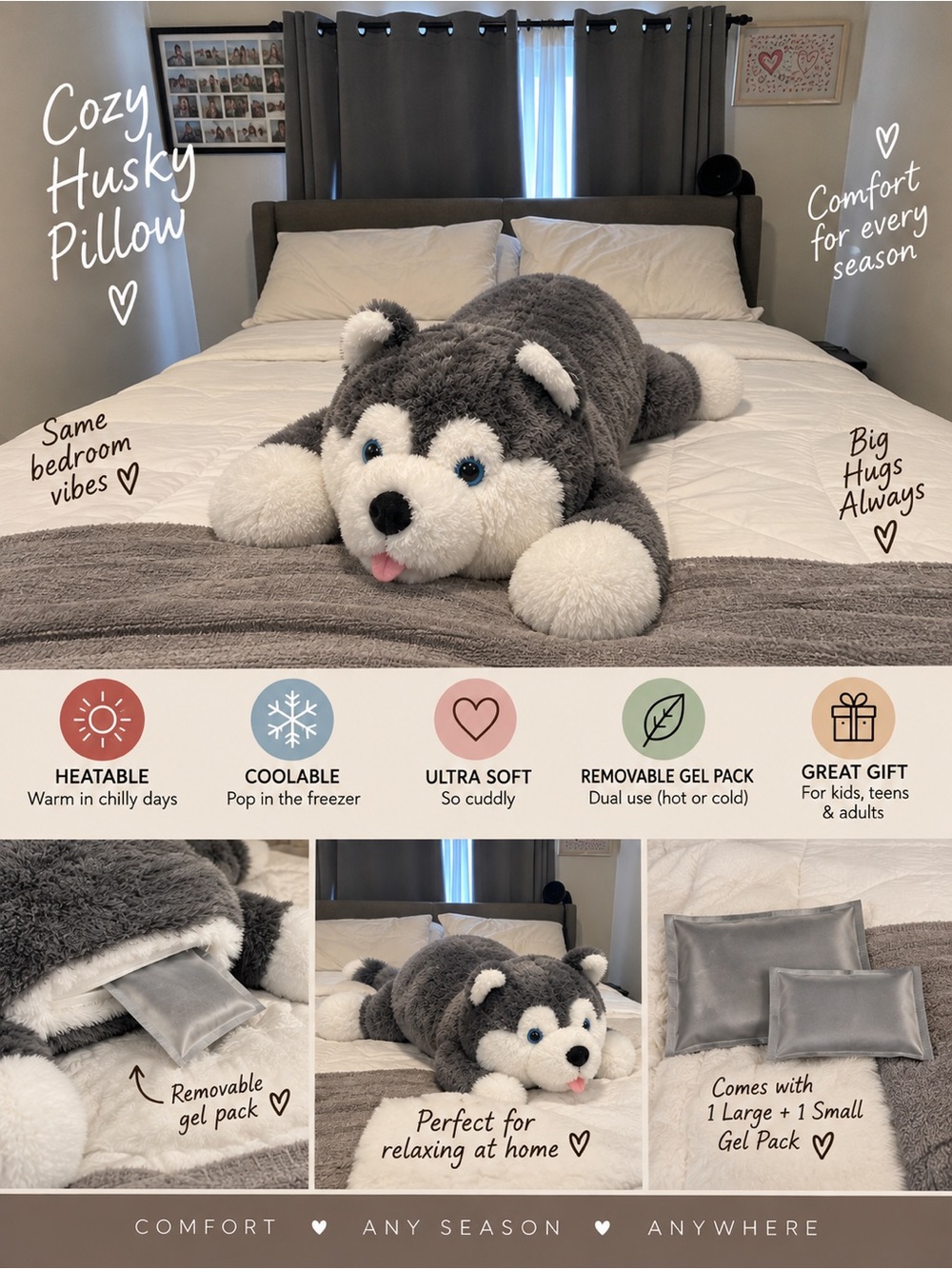 Cozy Husky Plush Pillow - Gray & White Comfort